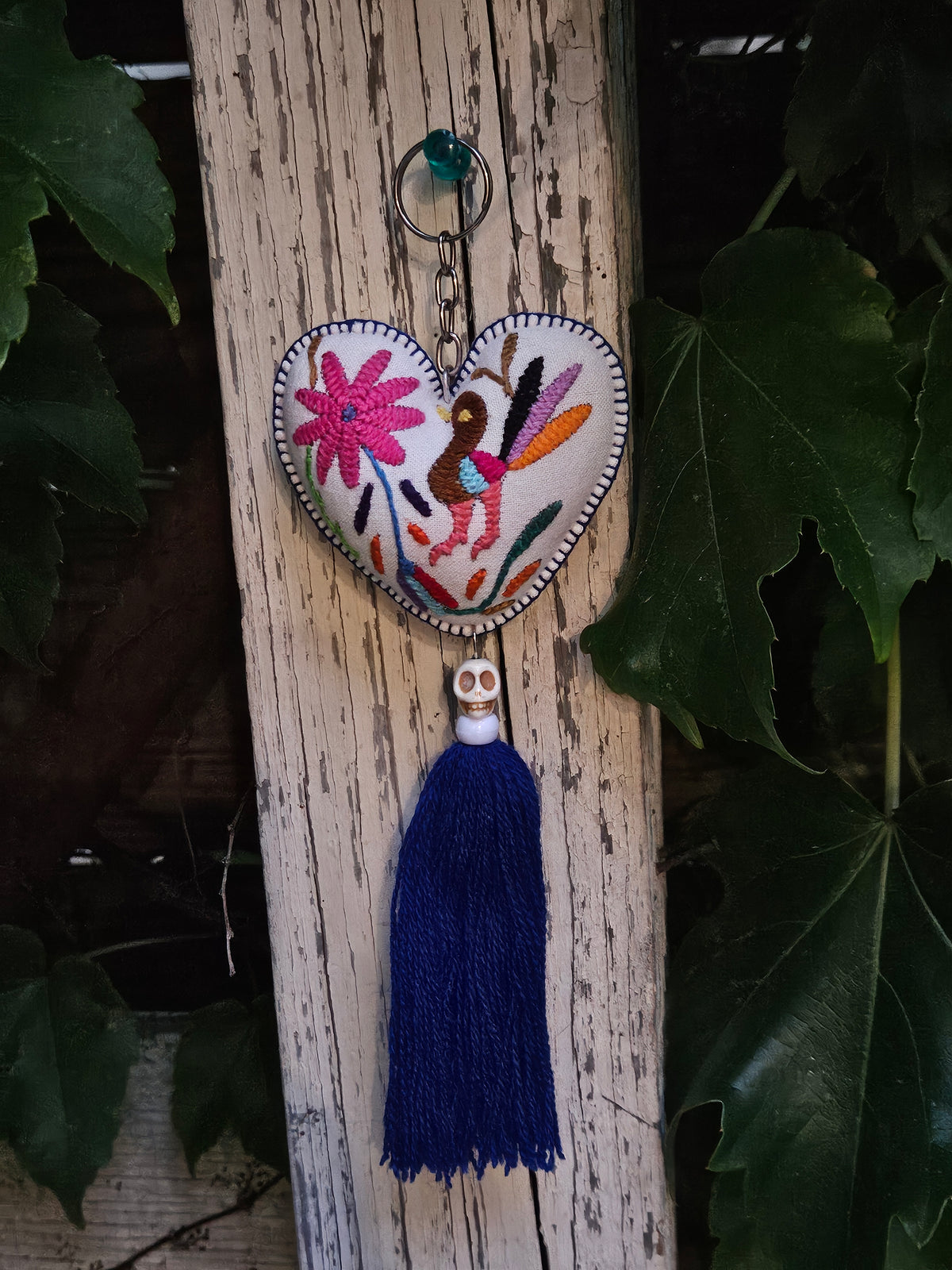Tenango Keychain (White Heart with Pink Flower Design)