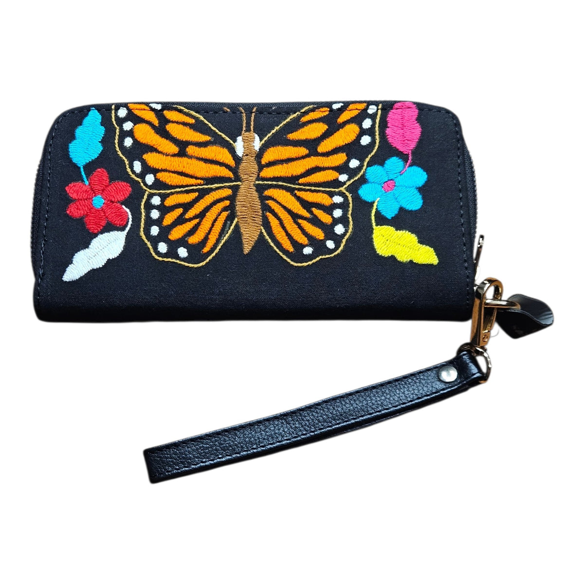 Black Leather Wallet with Hand Embroidered Monarch Butterfly