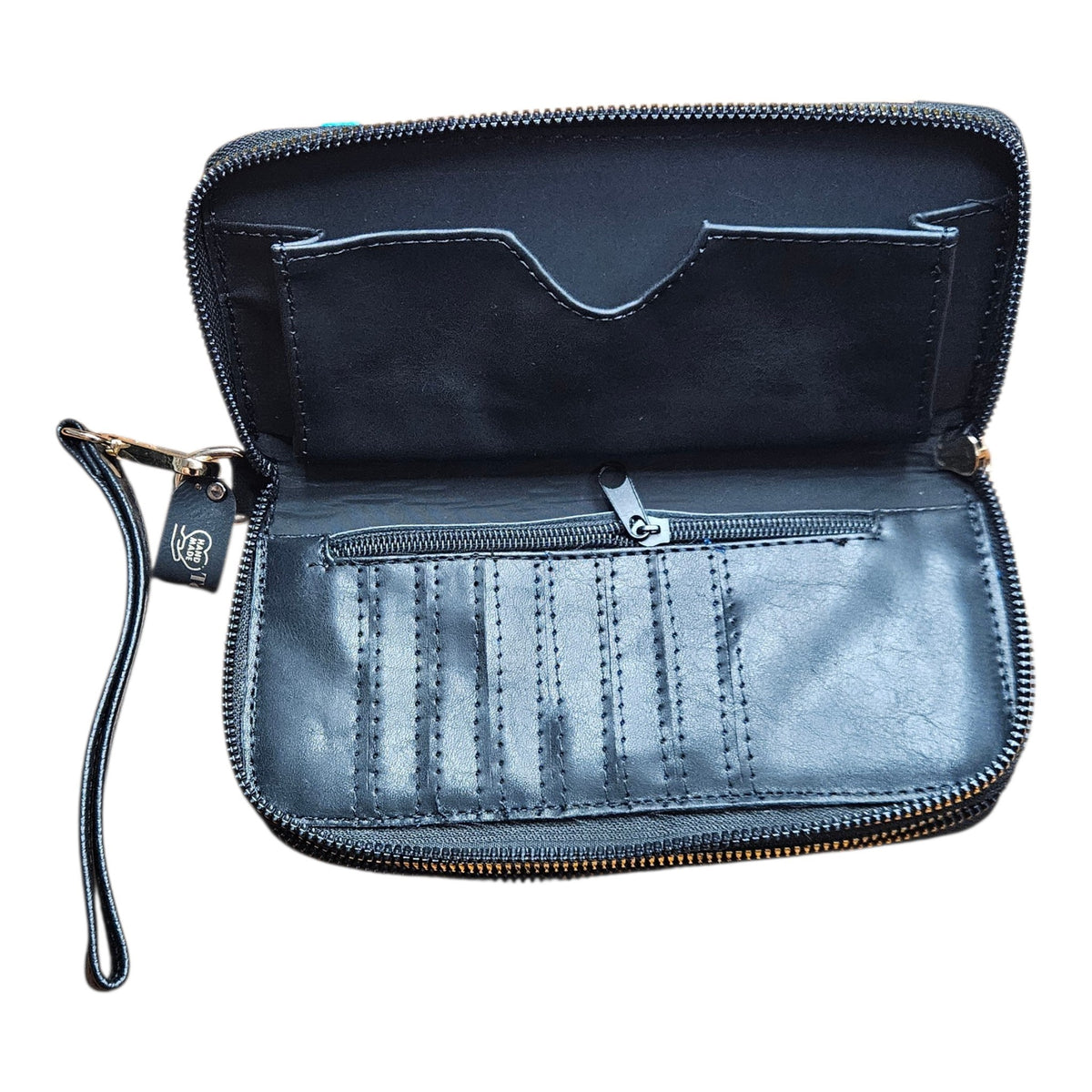 Black Leather Wallet with Hand Embroidered Monarch Butterfly